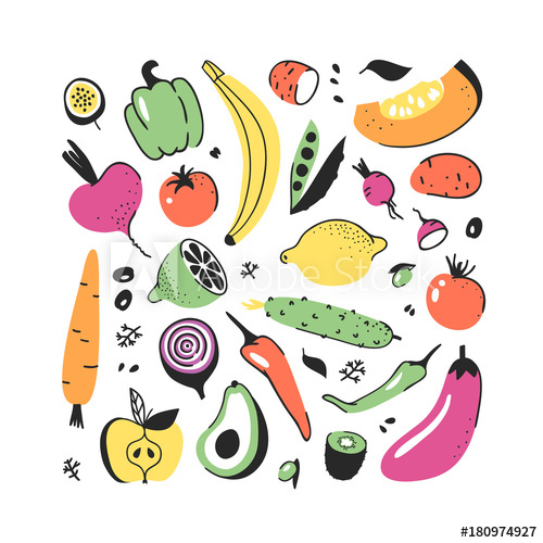 500x500 Hand Drawn Set Of Vegetables And Fruits Vector Artistic Drawing