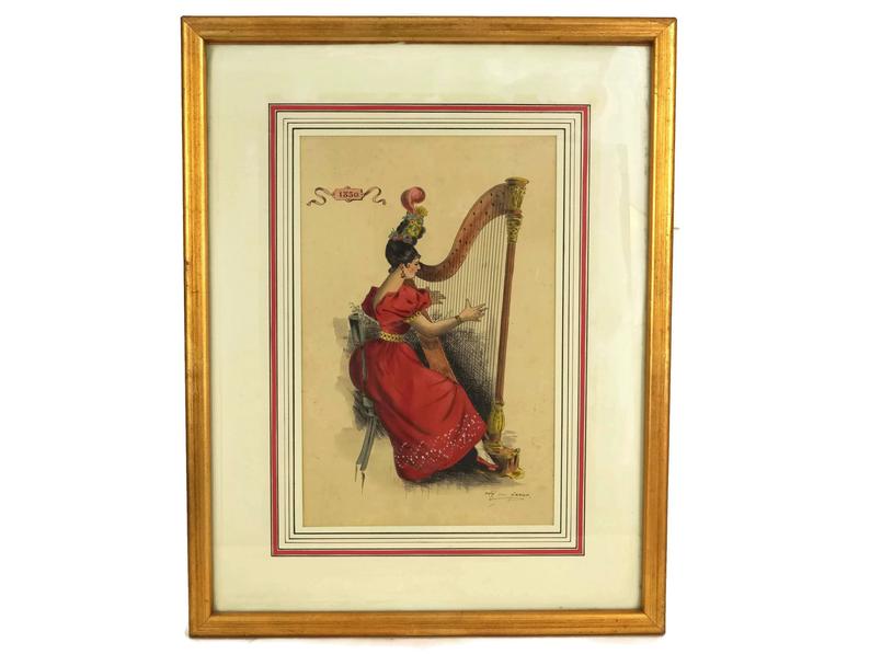794x597 Antique Harp Player Lady Portrait Drawing Framed Watercolor Etsy