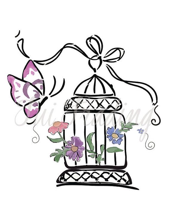 570x738 Birdcage Image, Flowers And Butterfly Clipart, Hand Drawn