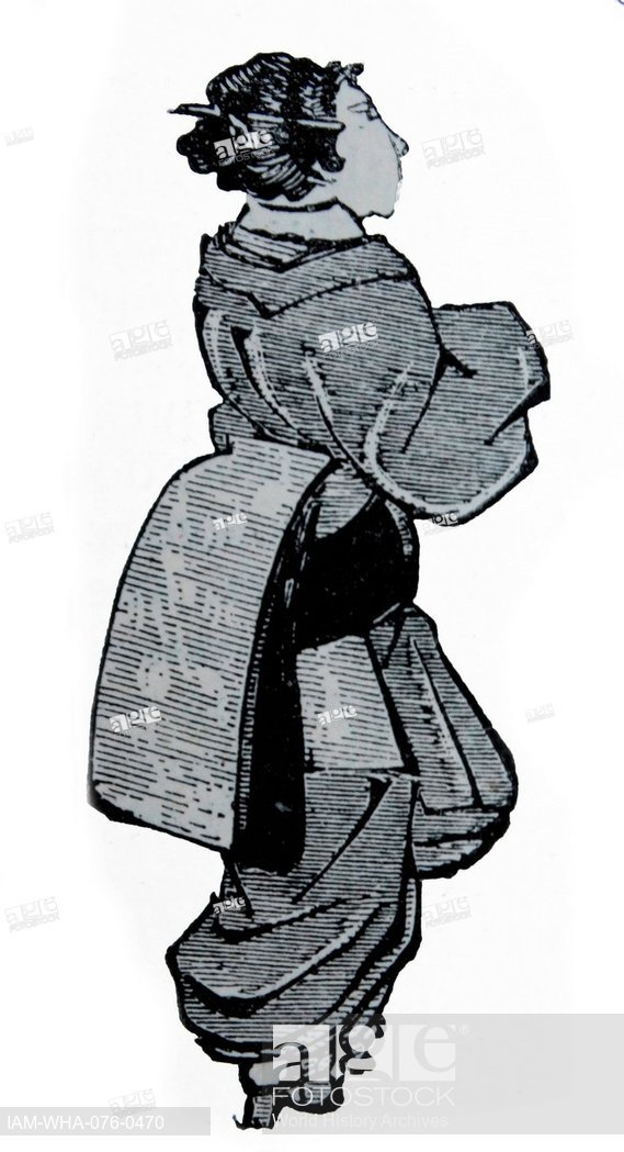 569x1049 Woodcut Drawing Of A Japanese Woman Walking In Costume, Stock