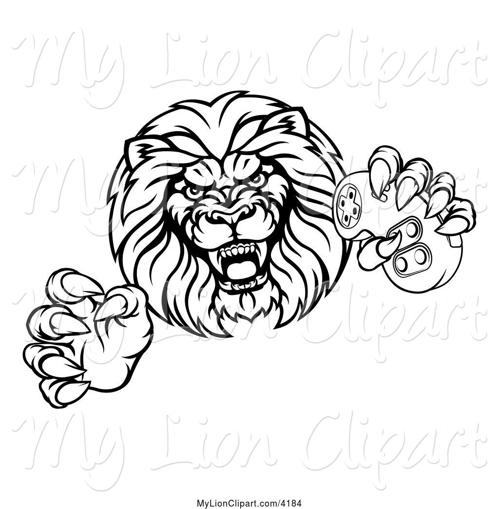 1024x1044 Clipart Of A Cartoon Black And White Male Lion Attacking