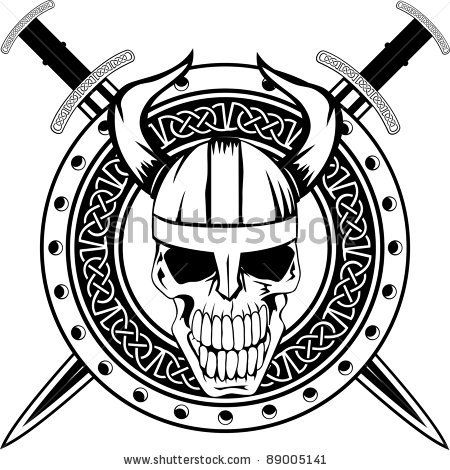 450x470 Viking Board Of Viking With Crossed Swords And Skull Stock