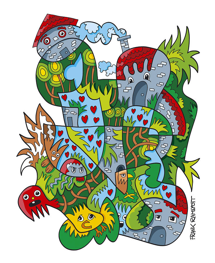 736x900 creative fanciful doodle faces village digital art