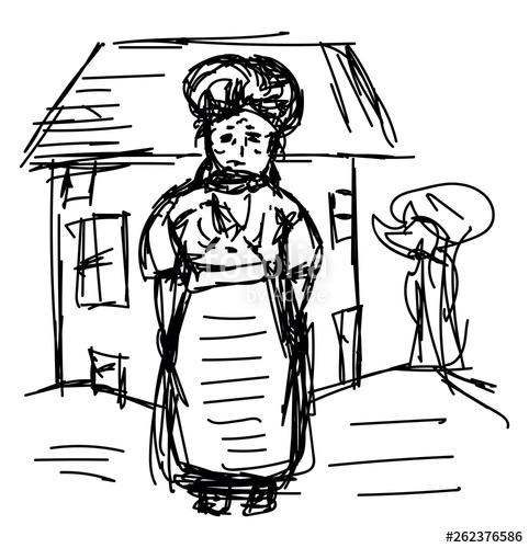 482x500 Line Art Of An Old Woman Standing In Front Of Her Village House