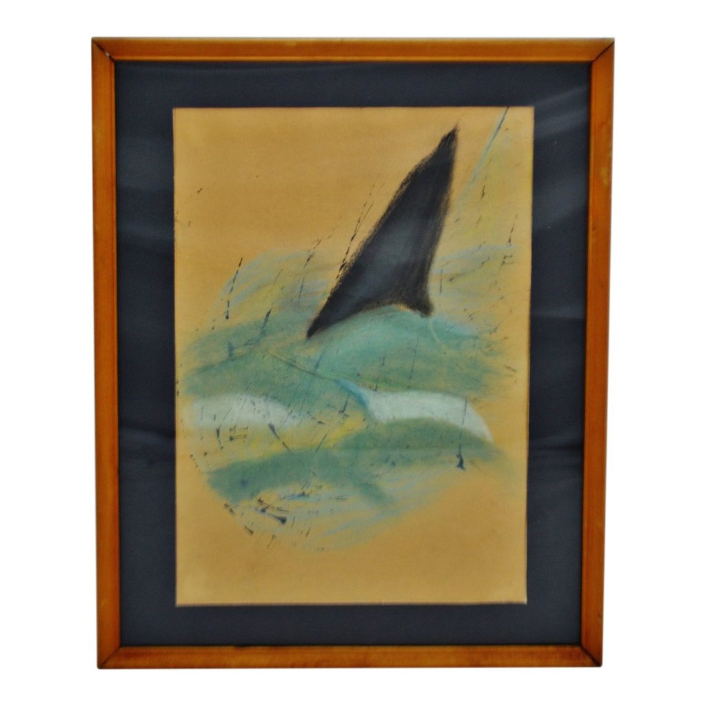 1024x1024 Vintage Framed Mixed Media Abstract Shark Fin Drawing Birchard
