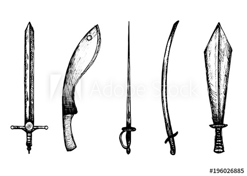 500x357 Swords And Machetes Sketches Set Vector Vintage Hand Drawings