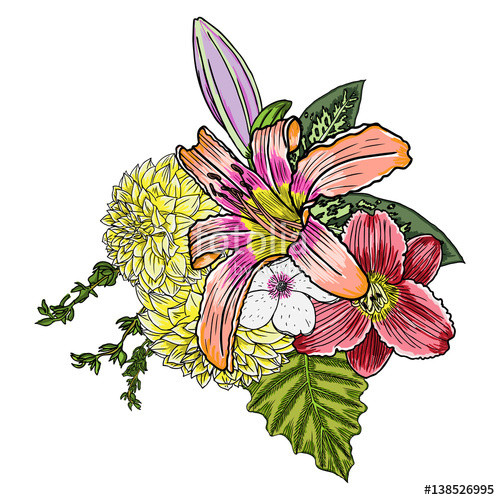 500x500 Vintage Garden Drawing Spring Bouquet With Various Flowers