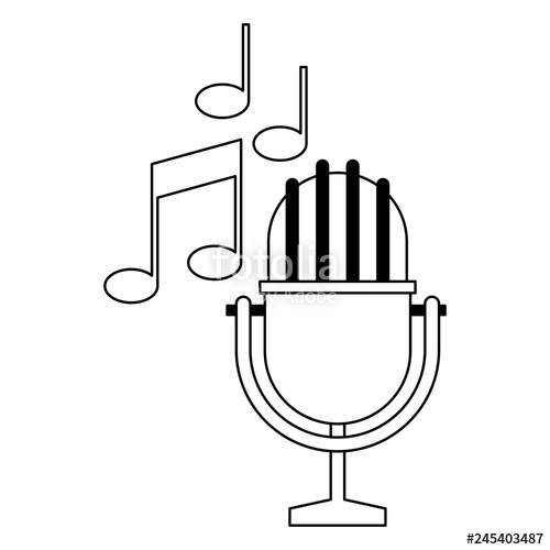 500x500 Vintage Microphone With Music Notes In Black And White Stock