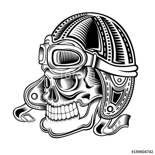 500x500 Monochrome Illustration Of Skull Side View With Vintage Motorcycle
