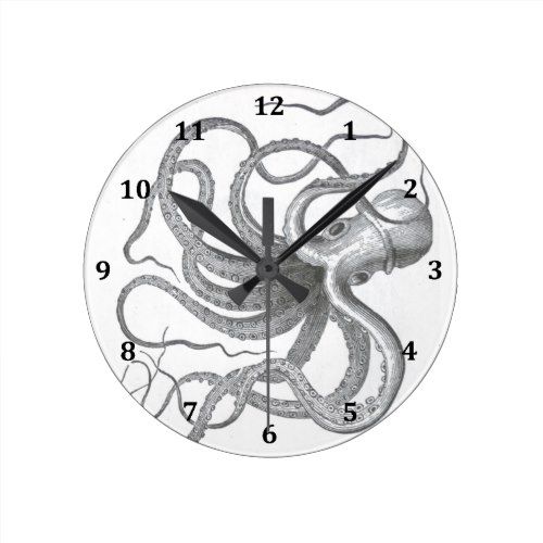 500x500 Nautical Steampunk Octopus Vintage Kraken Drawing Round Clock
