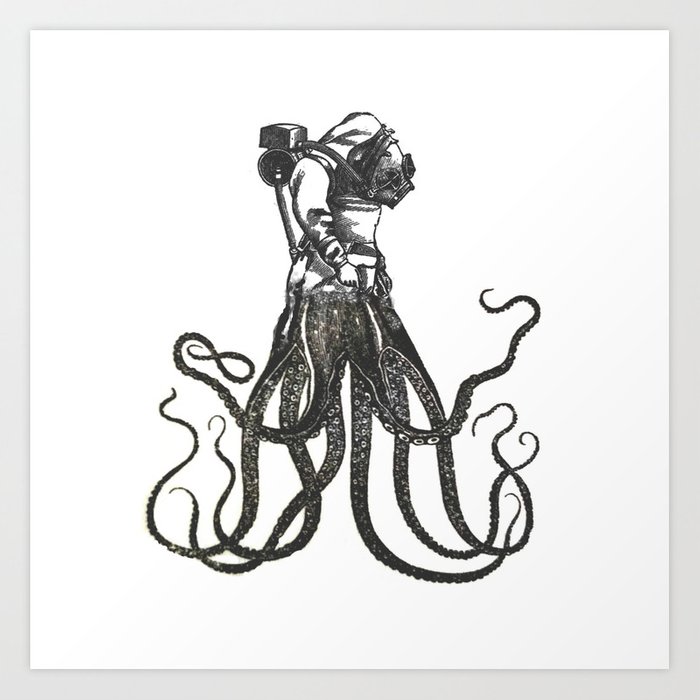 700x700 Octodiver On White Background Vintage Collage Image Art Print