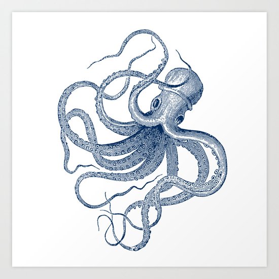 550x550 Blue Nautical Vintage Octopus Illustration Art Print