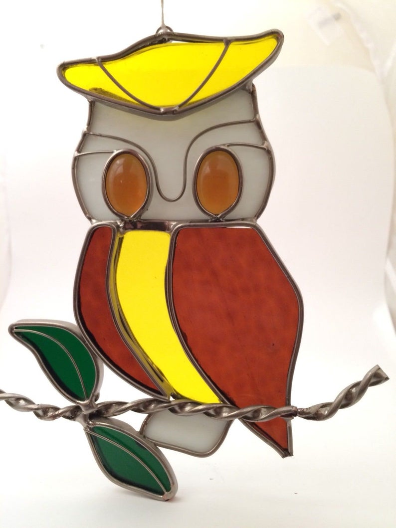 794x1059 retro valentien stained glass owl suncatcher brown etsy