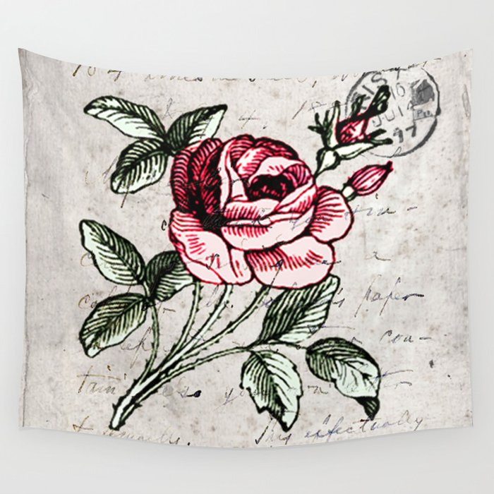 700x700 shabby chic vintage rose and calligraphy wall tapestry