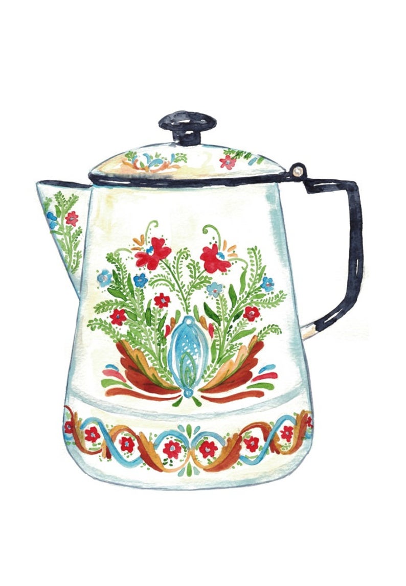 794x1147 Vintage Coffee Pot Wall Poster Watercolor Drink Teapot Kitchen Etsy