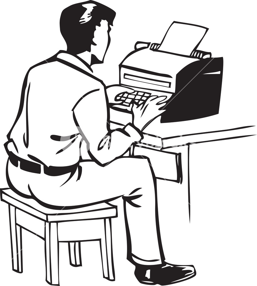 896x1000 Illustration Of A Man With Typewriter Royalty Free Stock Image