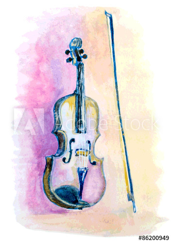 354x500 Watercolor Hand Drawn Violin And A Bow Vector Illustration