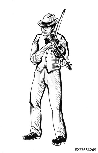 320x500 Man Playing Violin Ink Black And White Drawing