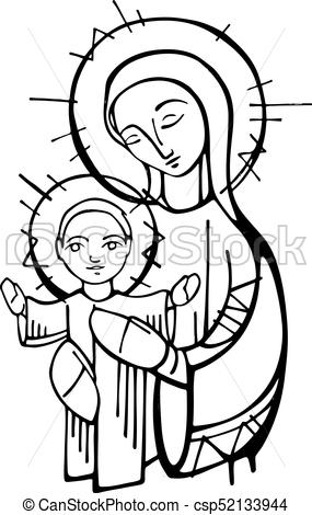 285x470 Virgin Mary And Baby Jesus Christ Ink Illustration Hand Drawn