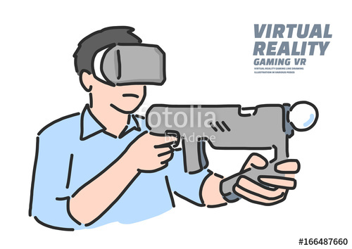 500x354 virtual reality gaming vr game shooting, line drawing illustration