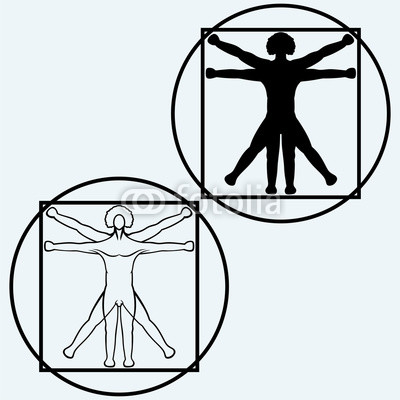 400x400 Vitruvian Man Isolated On Blue Background Vector Silhouettes