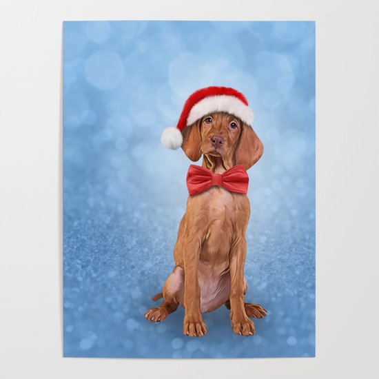 550x550 Drawing Funny Vizsla Pointer In Red Hat Of Santa Claus Poster