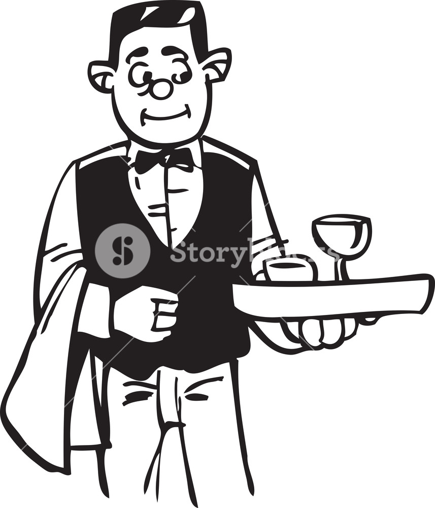 857x1000 Illustration Of A Waiter With Food Tray Royalty Free Stock Image