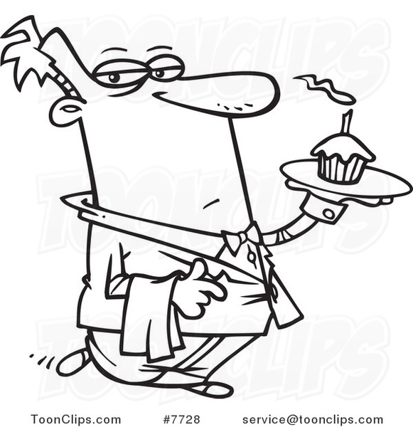 581x600 Cartoon Black And White Line Drawing Of A Formal Waiter Serving