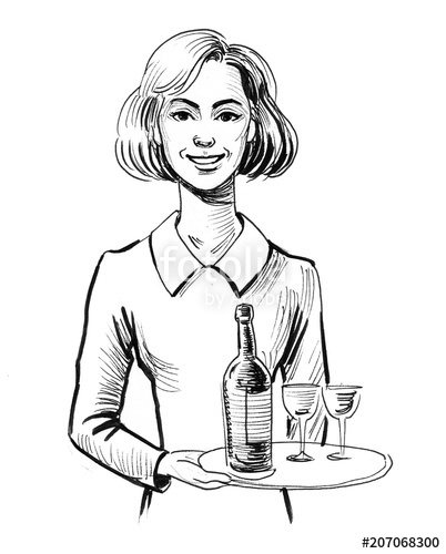 402x500 Ink Black And White Drawing Of A Pretty Waitress Stock Photo