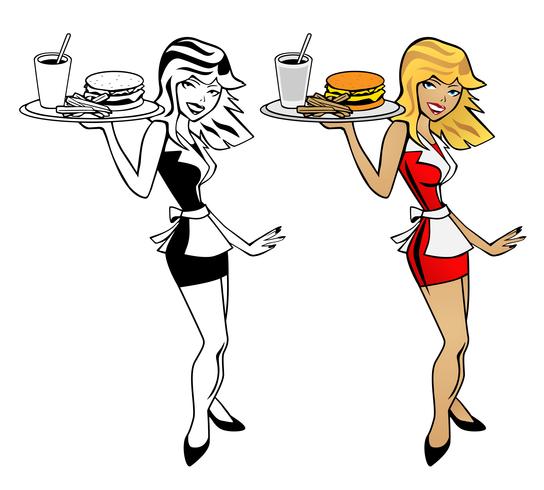 544x490 Waitress Woman Holding Food Tray With Burger, Fries And Drink