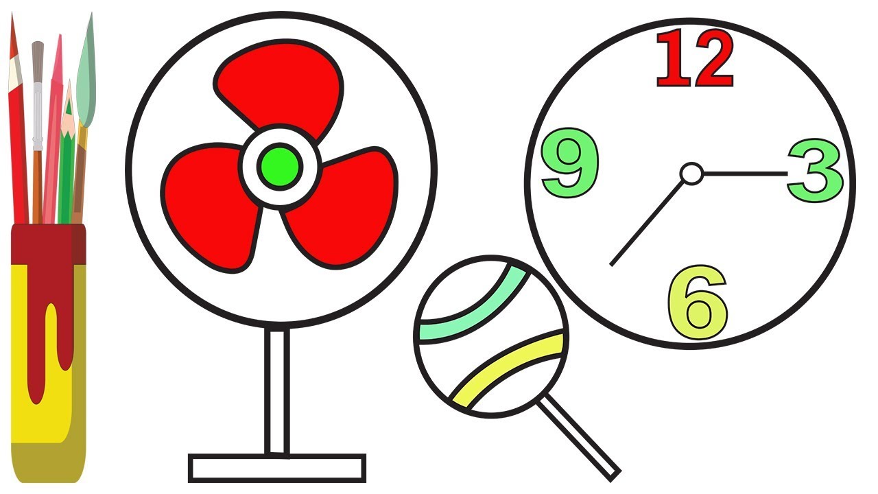 1280x720 Learn Colors And How To Draw Table Fan, Wall Clock, And Baby