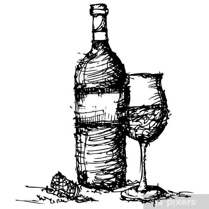 700x700 Sketch Drawing Of Wine Bottle And Glass Wall Mural