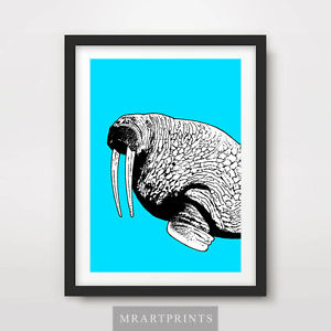 300x300 Blue Walrus Art Print Poster Animals Seals Sea Creatures Ocean