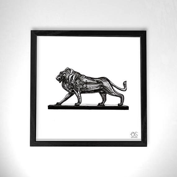 570x570 Lion Statue Art Print, Fineline Pen Wall Hanging, Lion