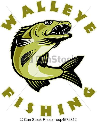 376x470 illustration of a walleye fish jumping isolated on white