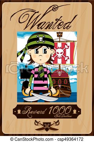 311x470 Pirate Ship Wanted Poster Cute Cartoon Bandana Pirate Buccaneer