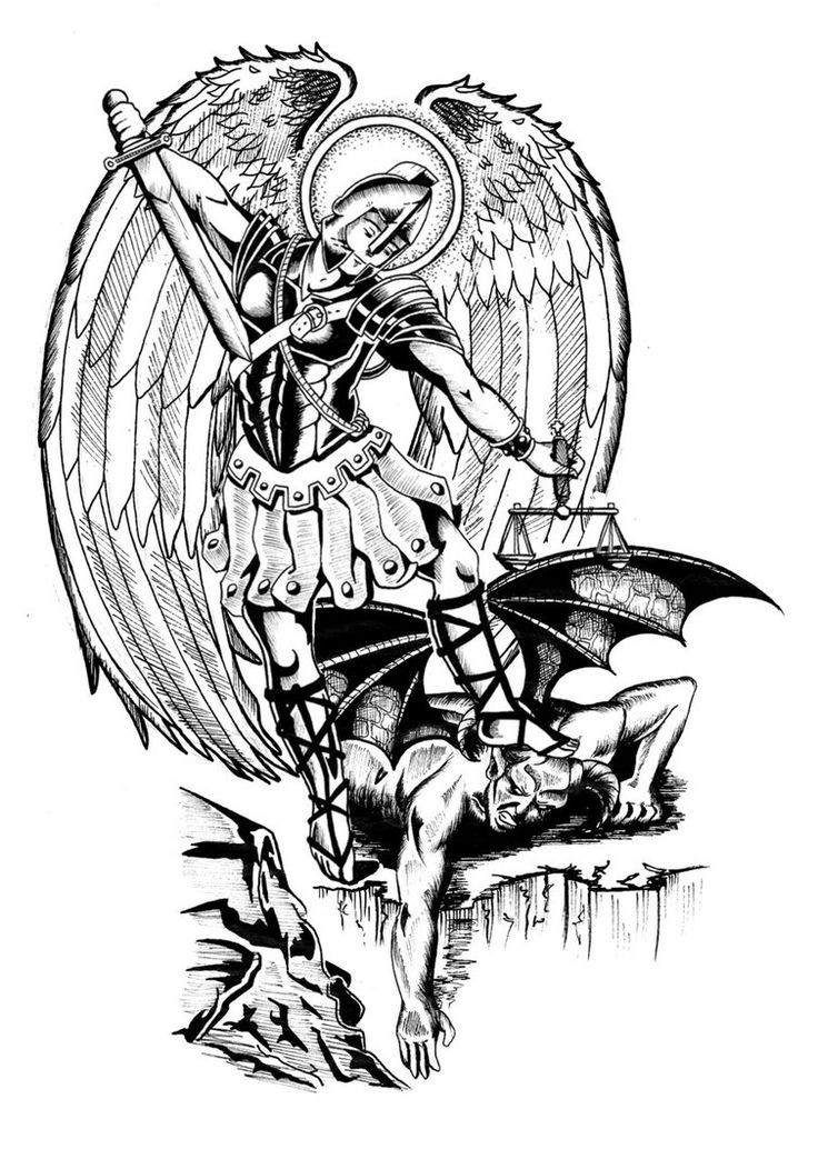 736x1034 Black And White Armoured Angel Warrior Killing A Monster Tattoo