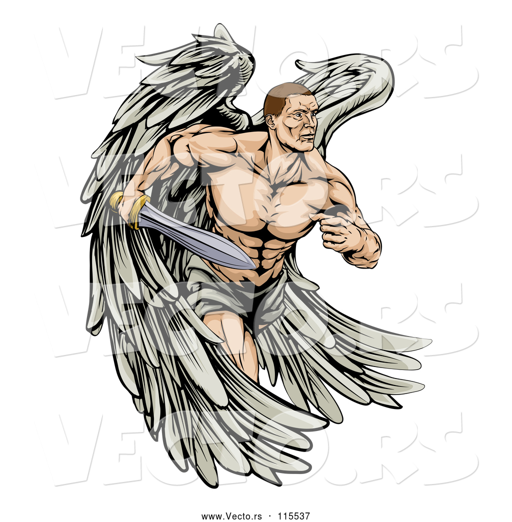 1024x1044 Vector Of Muscular Cartoon Warrior Angel Running With A Sword