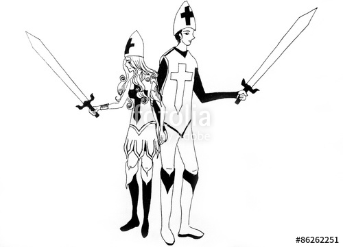 500x361 Line Drawing Of Warrior Man And Women Fighting Together Stock