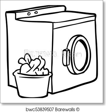 362x382 Line Drawing Of A Washing Machine And Laundry, Art Print