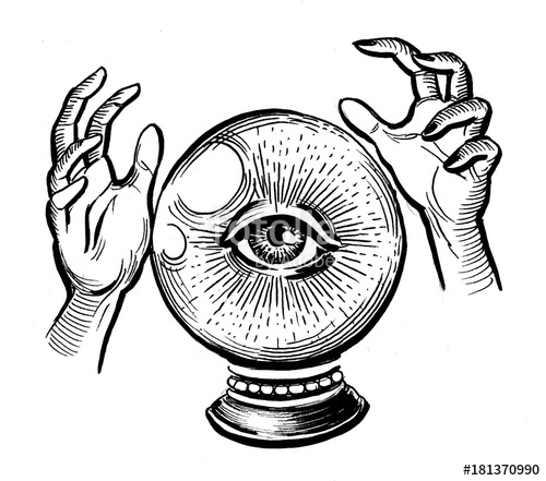 500x441 Crystal Ball With An Eye And Hands Black And White Ink Drawing