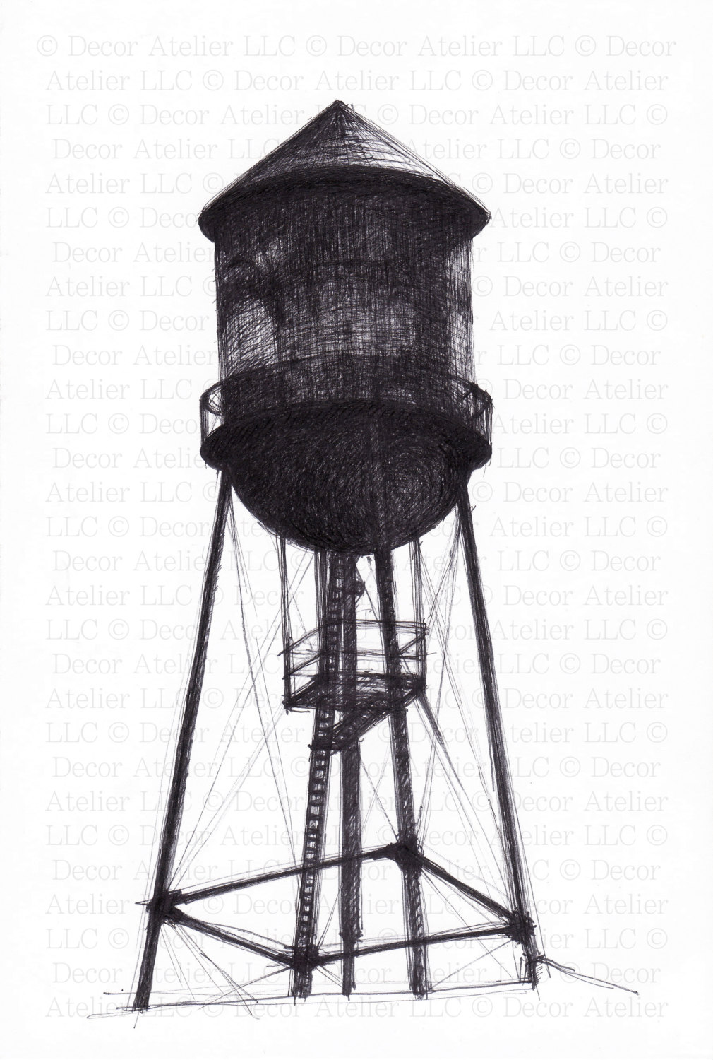 1010x1500 Water Tower Drawing Free Shipping Etsy