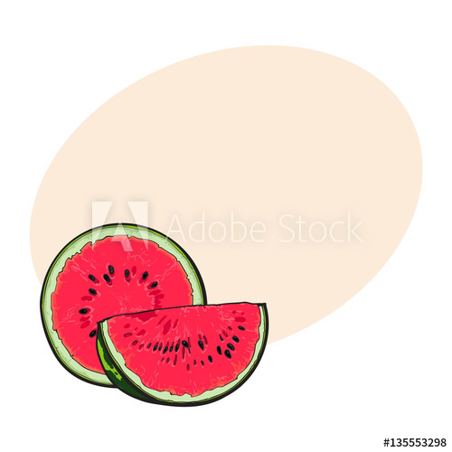 500x500 Half And Quarter Of Ripe Red Watermelon With Black Seeds, Sketch