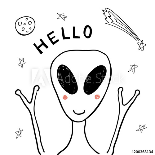 500x500 Hand Drawn Portrait Of A Cute Funny Alien In Space, Waving