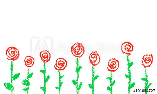 500x301 Wax Crayon Kid`s Drawn Red Roses Isolated On White Child`s Drawn