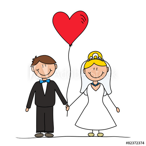 500x500 Married Couple Cartoon Drawing, Wedding Invitation Concept