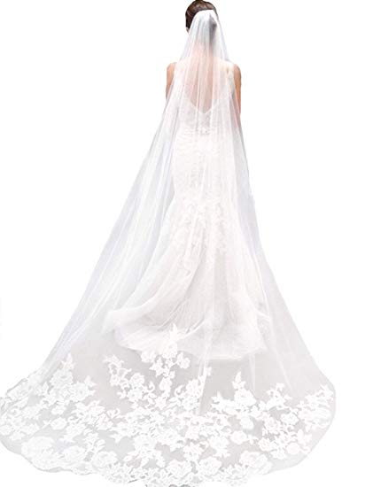 421x550 ivory lace edge cathedral length wedding bridal veil with comb