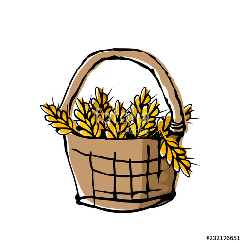 500x500 wheat ears in wicker basket doodle style drawing with offset