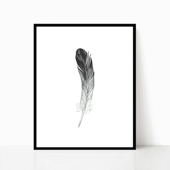 570x570 Feather Print Feather Watercolor Black And White Drawing Etsy
