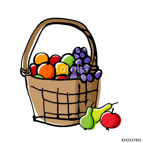500x500 Fruits In Wicker Basket Doodle Style Drawing With Offset Effect